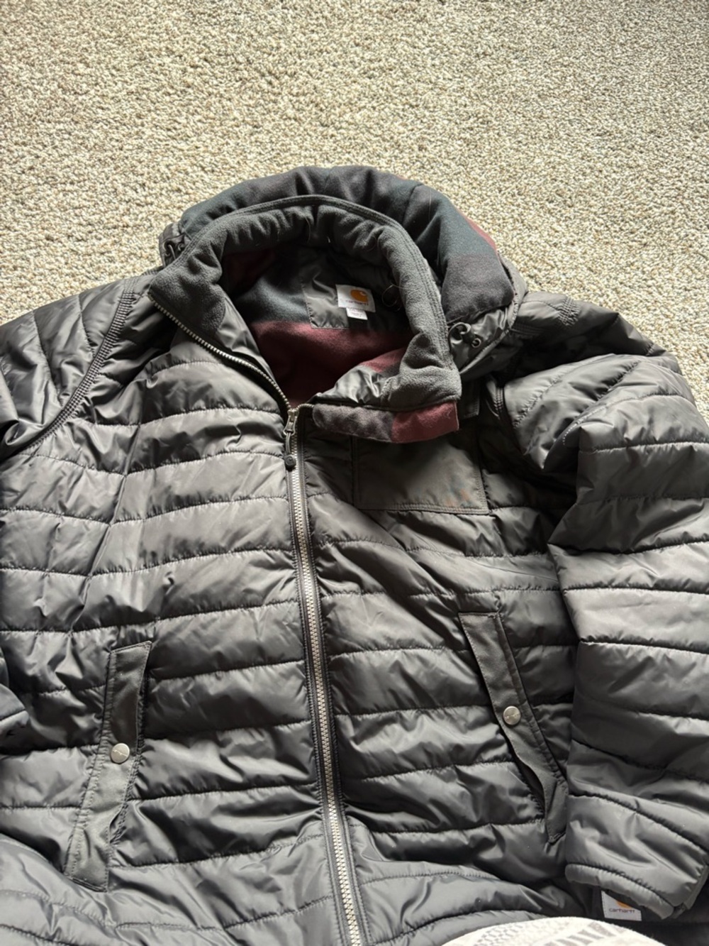 Carhartt Womens XXL Quilted Puffer Jacket in Charcoal with Maroon FLANNEL Lining